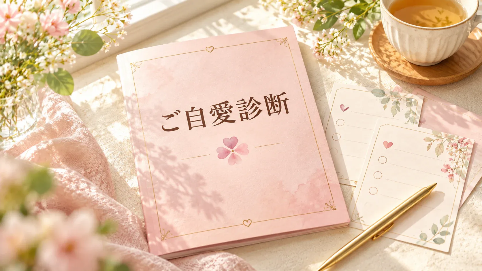 「ご自愛診断」と書かれたピンクの冊子とチェックシート