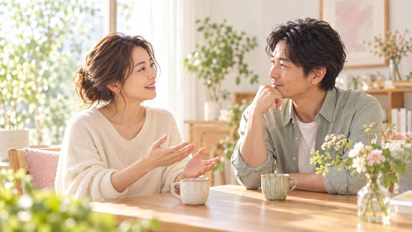 テーブルをはさみ、穏やかに話し合う夫婦