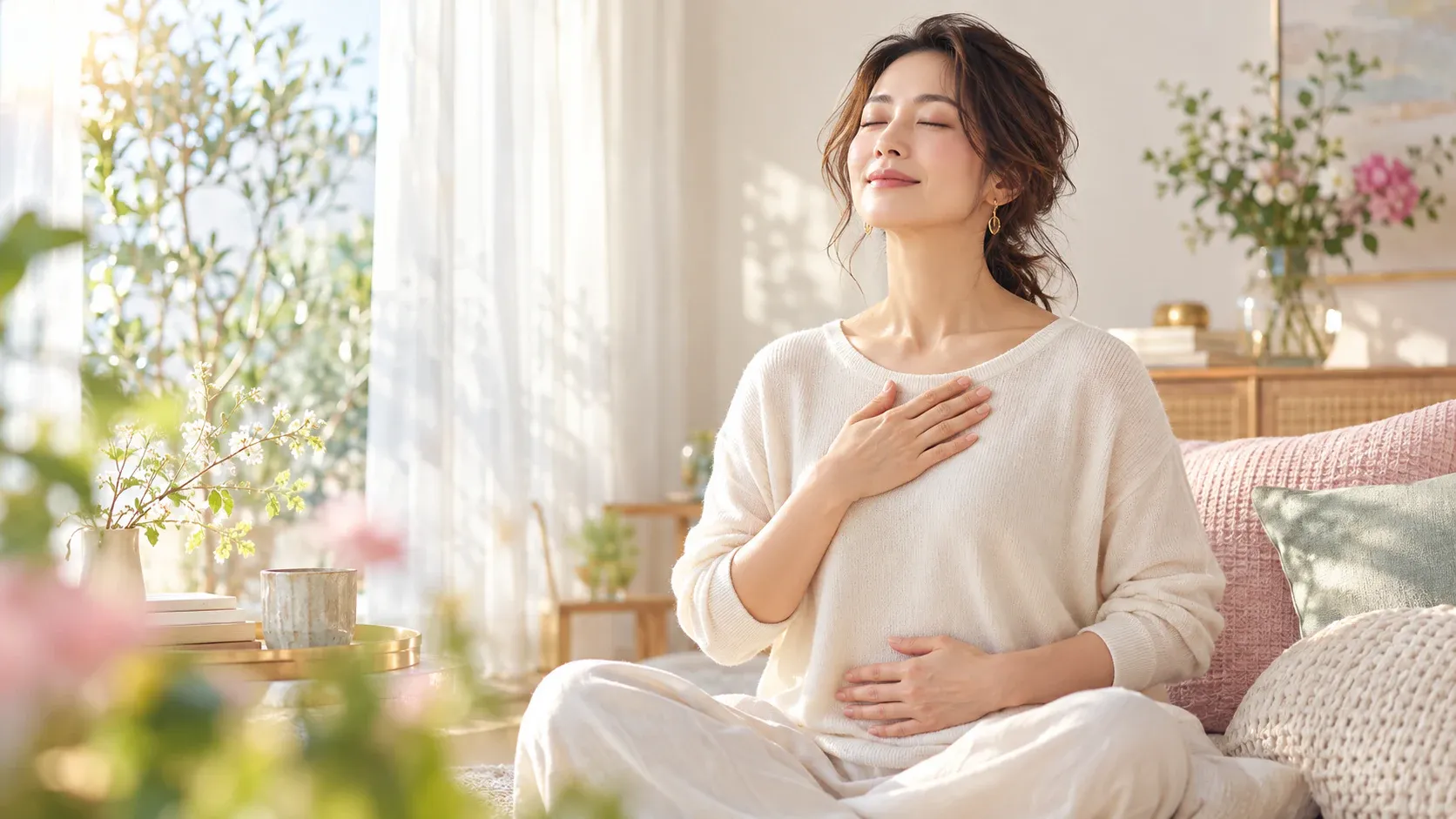 胸とお腹に手を当て、目を閉じて自分の体と向き合う女性