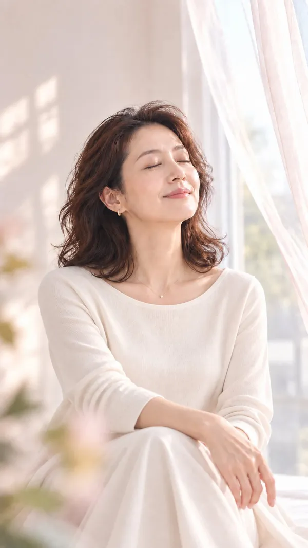 窓辺の光の中で目を閉じ、穏やかにほほえむ女性